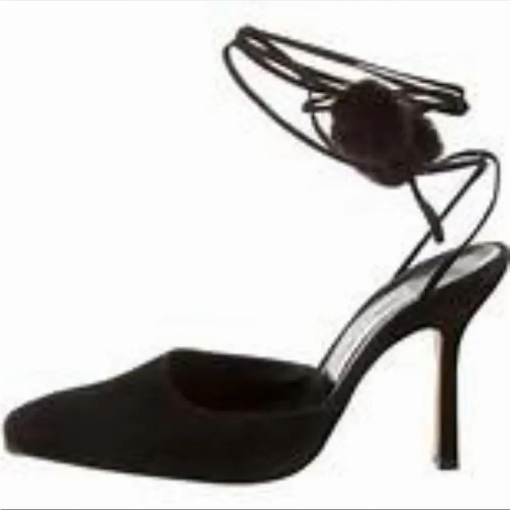 JIMMY CHOO Classic Black Pointy Toe Open Fur Pom Tie Wrap Heeled Mules Shoes 36